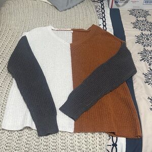Colorblock Sweater - White, Brown, and Gray